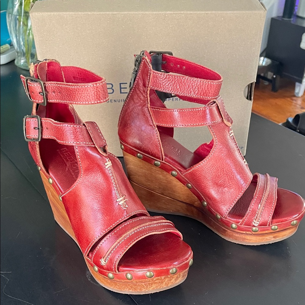 Bed Stu Princess Red Leather Wedge Sandals